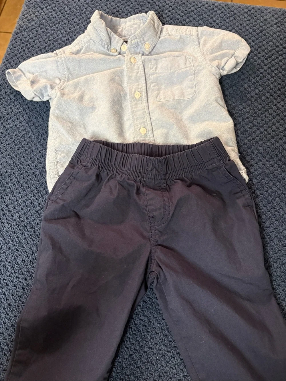 Carter's Dark Blue Elastic Waist kids Pants & Children’s Place Shirt 18-24 MO‎